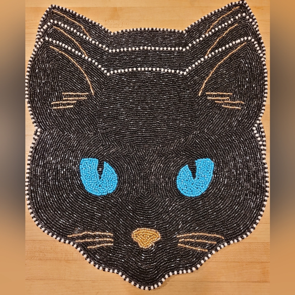 Beaded Black Cat Face Halloween Placemat - Black and Blue